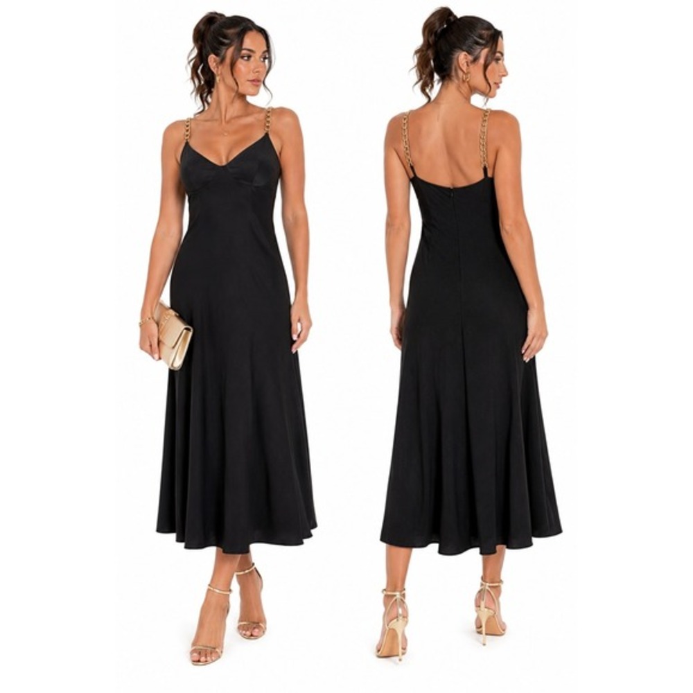 Siena Soft Touch Gab Chain Strap Black Midi Dress Size 10